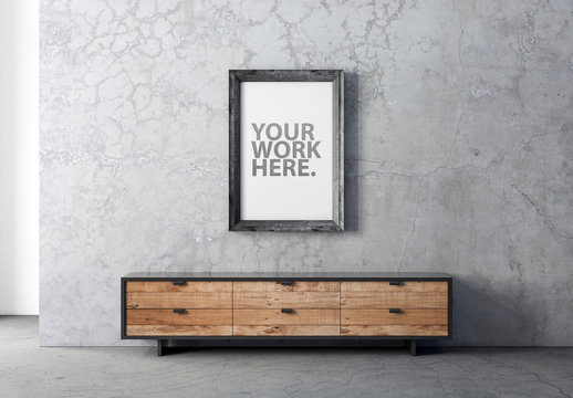 Vertical Wooden Frame Mockup on Concrete Wall