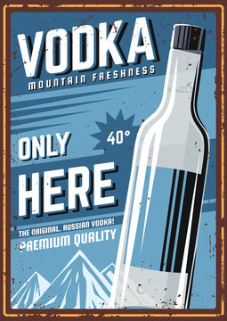 The poster in vintage style, retro vodka banner, emblem, signboard. Vector illustration of retro alcohol festival. Illustration grunge texture.