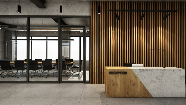 Office  reception design Modern & Loft,Concrete wood half counter in front of the wood slat,Concrete floor - 3D render