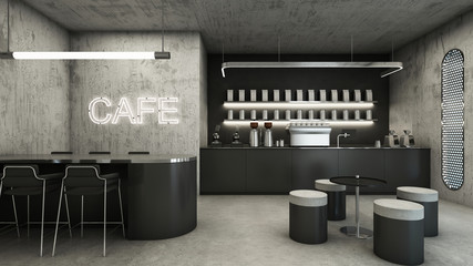 Cafe shop Modern & Loft design,Counter top metal black metal waiting,Neon text on concrete wall,Counter cafe top metal black metal,Concrete wall,Concrete floor,Waiting seat,Concrete floor-3D render