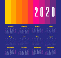 Vector calendar 2020 year. Week starts from Sunday