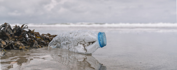 plastic bottle on the shore, copyspace for your individual text, banner size