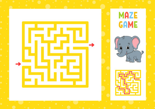 Funny maze. Game for kids. Puzzle for children. Happy character. Labyrinth conundrum. Color vector illustration. Find the right path. With answer. Isolated vector illustration. Cartoon style.