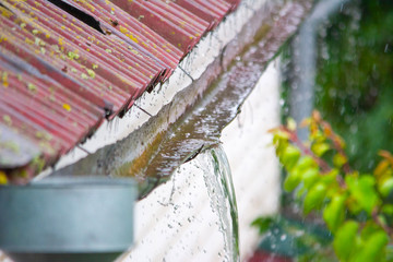 Heavy rain, rainwater from the roof overflows through drainpipe
