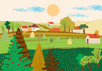 Cartoon flat village with colorful scenery. Autumn season fields and houses. Haystacks. Vector