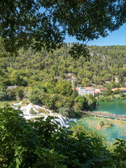 Fototapeta na wymiar Croatia, Europe, august 2019: Beautiful Skradinski Buk Waterfall In Krka National Park - Dalmatia