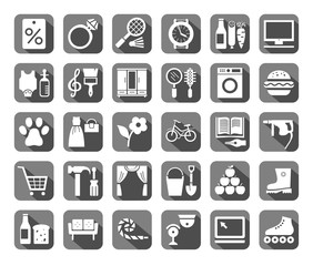 Shops, flat icons, vector. Different categories of stores. White icons on a gray field with a shadow.  