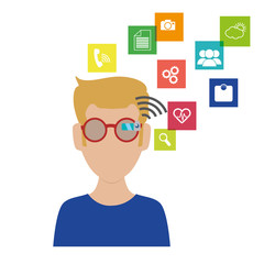 man with smart glasses and apps menu