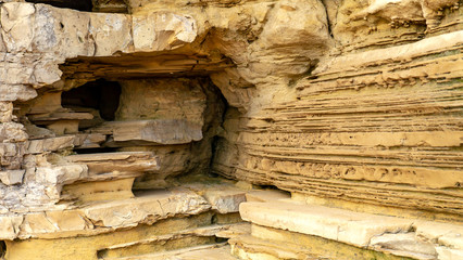 250 million year old Limestone Rock, naturally eroded structure showing caves at Marsden Bay's cliff face near The Leas in Sunderland.  Great place for geologists.