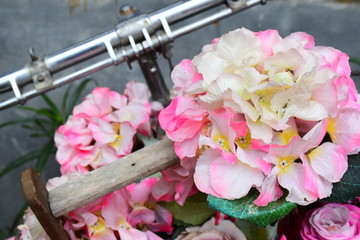 Obraz na płótnie Canvas pink and white flowers in bicycle basket for wedding time 