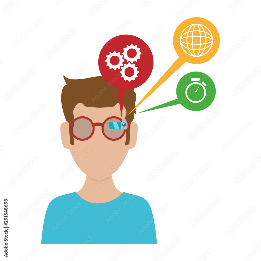 Poster man with smart glasses and apps menu