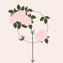 Geometric elements and pink rose bouquet, illustration