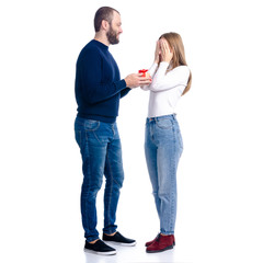 Beautiful romantic couple woman and man with gift box on white background isolation