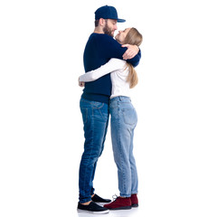 Young couple woman and man hug embrace relationships on white background isolation