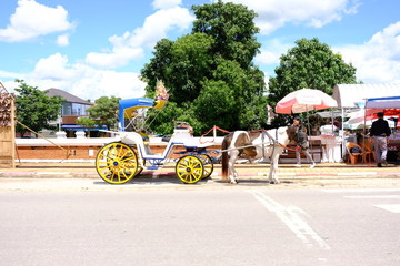 Tourist places used Small horse drawn carriage For transportation Wat Phra That Luang, Lampang Province, Thailand, 13 September 2019