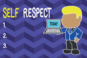 Word writing text Self Respect. Business photo showcasing Pride and confidence in oneself Stand up for yourself Standing professional businessman holding open laptop right hand side
