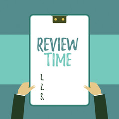 Handwriting text writing Review Time. Conceptual photo to think or talk about something again Set schedule to review Two executive male hands holding electronic device geometrical background