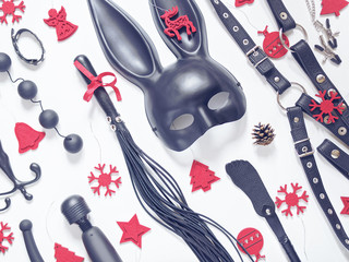 Various sex toys (anal balls, vibrator, leather harness, lash, rabbit mask and others) are on a white background. Nearby are red felt Christmas decorations.
