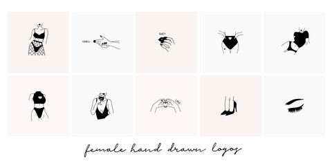 Various black female logos or icons. Stylish graceful fashion illustrations. Hand drawn vector trendy set. Elegant minimalistic art