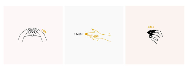 Three female logos or icons. Stylish graceful fashion illustrations. Hand drawn vector trendy set. Elegant minimalistic art. Hands in different poses. Love, band, baby.