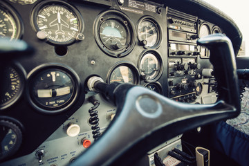 Old Aircraft cockpit, dashboard closeup