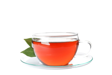 Cup of tea and leaves isolated on white background