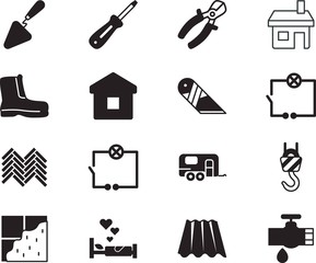 home vector icon set such as: lift, tile, trailer, carpentry, boots, caravan, travelling, tourist, tourism, container, leaking, gesture, lovely, couple, hiking, tap, page, rv, foot, burst, brick