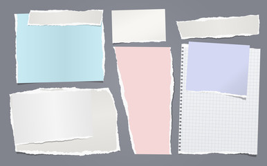 Torn white and colorful note, notebook paper pieces stuck on dark blue background. Vector illustration