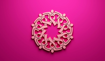 Breast Cancer Awareness Group of Women Pink Ribbon. 3D Render Illustration ribbons grouped in a circle