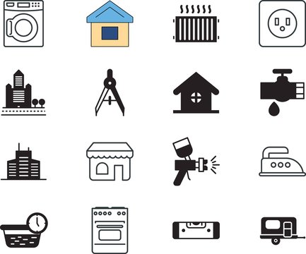 home vector icon set such as: collection, electronics, transportation, nobody, cartoon, compass, radiators, vehicle, retail, leakage, country, store, universal, kitchen, drafting, town, cord, device