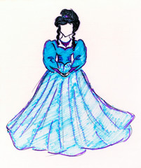 Girl in blue long old fashioned dress. Hand drawing.