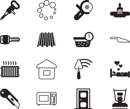 Home Vector Icon Set Such As: Dust, Pillow, Blade, Hammer, Wedding, Paint, Relax, Spoon, Creative, Tech, Plate, Safety, Loader, Secret, Couple, Tidy, Worker, Horizontal, Office, Fabrication, Married