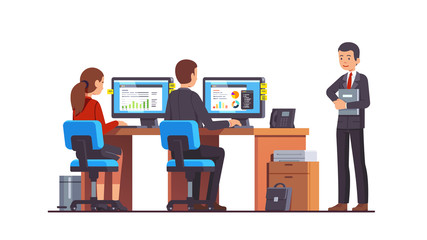 Boss watching at two analyst employees working