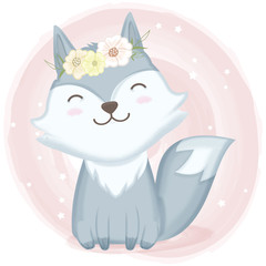 Cute baby fox and floral hand drawn cartoon illustration