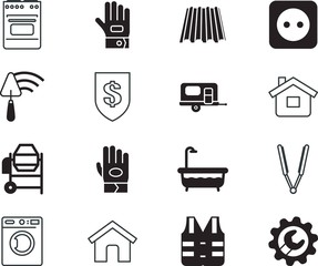 home vector icon set such as: utensils, cement-mixer, fabrication, curl, voltage, road, creative, icons, supply, adventure, service, truck, electricity, holiday, residence, sketch, mechanic, load