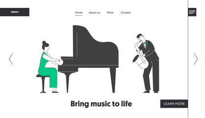 Pianist and Saxophone Concert Website Landing Page. Artists Playing Musical Composition on Grand Piano and Sax for Jazz Performance on Stage Web Page Banner. Cartoon Flat Vector Illustration, Line Art