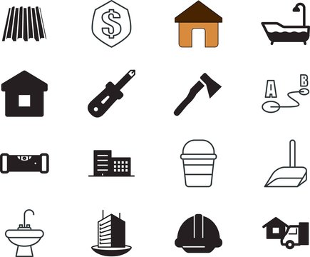 home vector icon set such as: walk, bathtub, container, truck, steel, courier, protective, hat, broom, tourism, accuracy, delivery, america, marker, axe, sanitary, property, tin, cleanup, garden