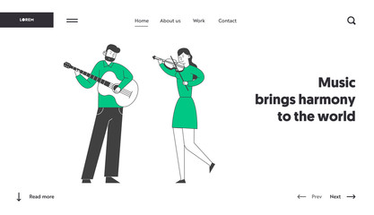 Classical or Popular Music Concert Performance Website Landing Page. Musicians with Instruments Perform on Stage with Violin and Guitar Web Page Banner. Cartoon Flat Vector Illustration, Line Art