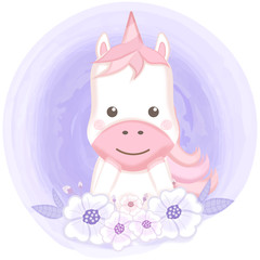 Cute unicorn and floral hand drawn cartoon illustration on purple