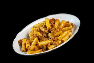 Pasta with meat. Macaroni with fried minced meat.