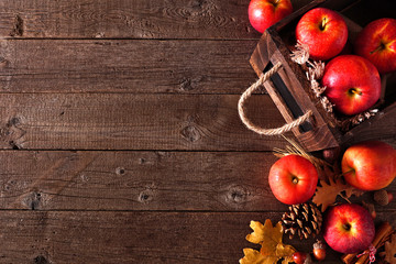 Autumn side border of apples and fall ingredients with crate on a rustic wood background. Copy...