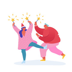 Christmas and Happy New Year greeting card with dancing people characters with 2020 year. Man with fireworks, celebration, party, winter holidays. Vector illustration for postcard, poster, invitation