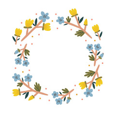 Cute vector floral wreath with small dots. Beautiful hand drawn round frame with flowers.