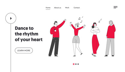 Happy People Clubbing and Dancing Disco at Night Club Party Website Landing Page. Characters in Headset Listen Music and Dance at Nightclub Web Page Banner. Cartoon Flat Vector Illustration, Line Art