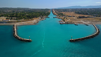 Fototapeta na wymiar Aerial photo taken by drone of Corinth Canal of Isthmos or Isthmus connecting mainland with Peloponnese, Greece