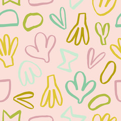 Super cute seamless texture with different shapes. Vector pattern in naive style with cute hand drawn elements. Colorful design .