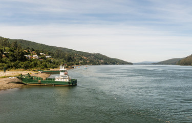 Passenger and car ferry on the Valdivia River, near the city of the same name, in the Rio Region, in southern Chile.