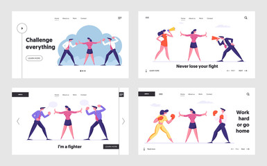 Fight for Leadership Website Landing Page Set. Business People Opponents Arguing and Staring. Work Conflict or War Between Colleagues Office Workers Web Page Banner. Cartoon Flat Vector Illustration