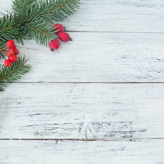Branches of spruce and red berries on a white wooden square background.