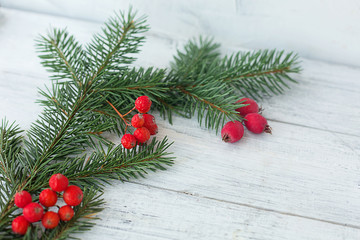 Branches of spruce and red berries on a white wooden horizontal background.